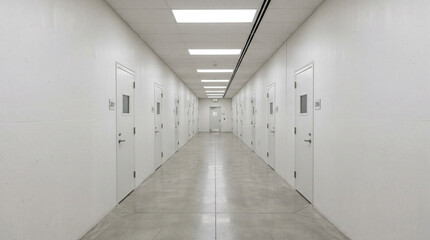 Fototapeta premium Clean white corridor in a military medical facility featuring a stark and sterile minimalist design.