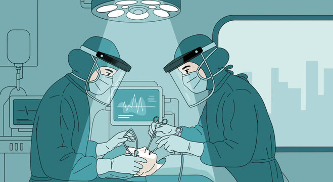 Surgeons in Protective Gear Performing Operation Under Surgical Lights