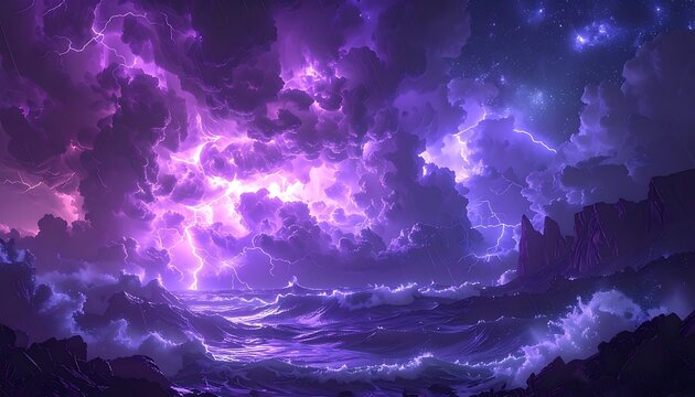 Vibrant purple stormy night sky clouds.