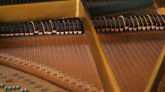 Close-up of piano internal mechanism with hammers and strings. Detailed view of key instrument's golden frame, soundboard, and metal strings.