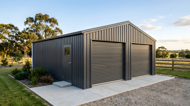 Modern Dark Gray Metal Shed with Double Roller Doors | Large Steel Workshop on Concrete Base in Rural Setting | Contemporary Outdoor Storage | Backyard Garage for Vehicles | Durable Corrugated Iron St