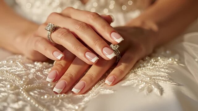 Close up of brides hands with engagement ring on wedding dress.