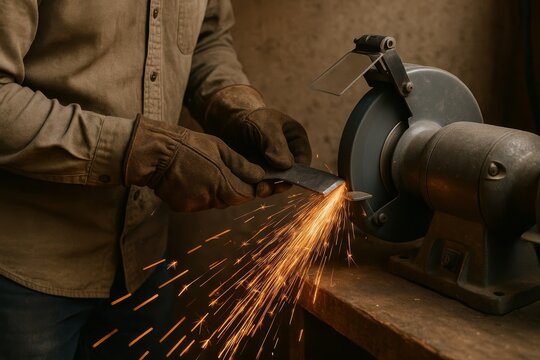 Person in protective gloves uses a grinding machine. Sparks fly while sharpening metal.