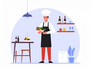 Fototapeta premium Cartoon illustration of a restaurant chef and waiter working together to serve a food tray to a business couple at a cafe table