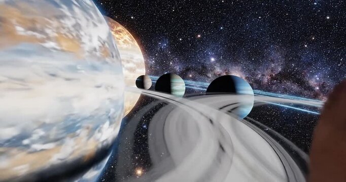 Planets and rings in space orbit.