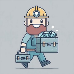 Fototapeta premium Cute cartoon miner character with hard hat and pickaxe illustration.