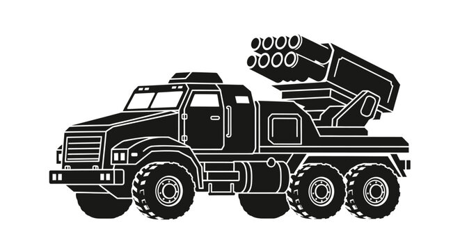 Detailed black silhouette of a military truck with multiple rocket launcher system.