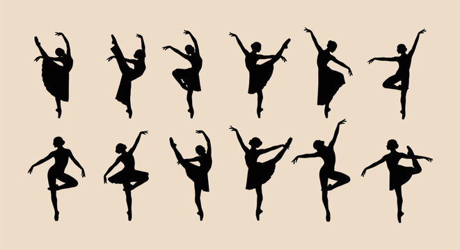 Elegant silhouettes of ballet dancers performing various artistic poses and movements.