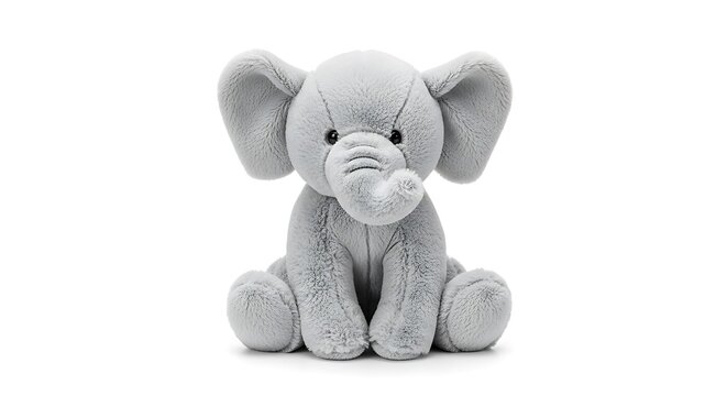 Cute gray plush elephant toy sitting isolated on white background