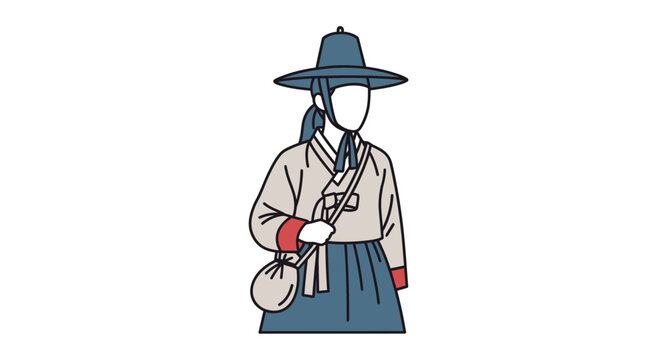 Illustration of a Korean woman wearing traditional hanbok and gat hat.