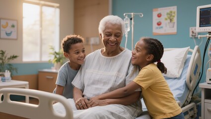 Fototapeta premium Happy Senior Patient Surrounded by Grandchildren in Hospital Room