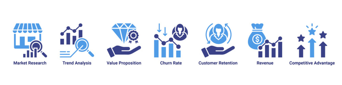 Market Strategy web banner icon vector illustration with Market Research, Trend Analysis, Value Proposition, Churn Rate, Customer Retention, Revenue and Competitive Advantage