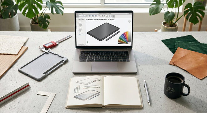 A top-down aerial shot of an industrial designer's clean, minimalist workbench. Features a high-end laptop showing an advanced 3D CAD model of a sleek consumer electronic device