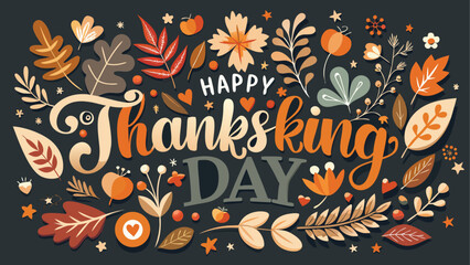 Colorful thanksgiving lettering with autumn leaves and pumpkins © ruposhi