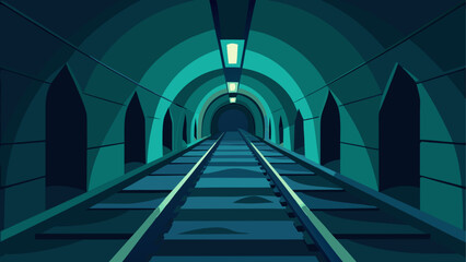 Abandoned underground tunnel with old railway tracks and dim lighting © ruposhi