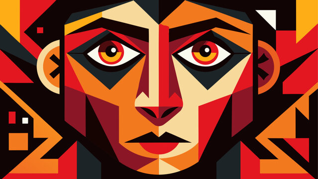 Vibrant theatrical mask with bold red and black patterns