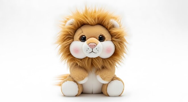 Cute plush lion toy with fluffy mane and rosy cheeks isolated on white background