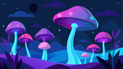 Glowing mushrooms under ultraviolet light in a dark forest © ruposhi