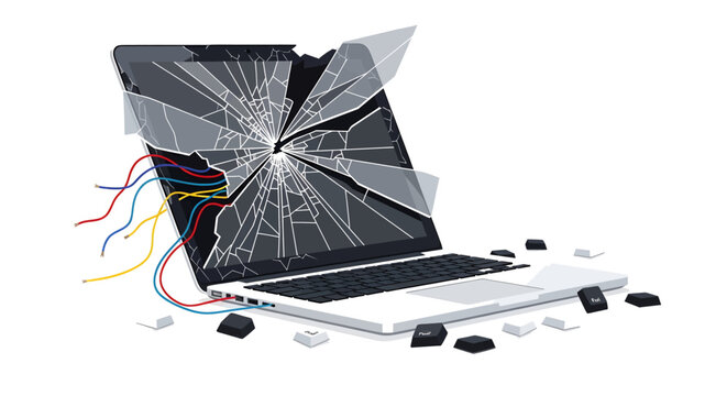A severely damaged laptop with a shattered screen, exposed colorful wires, and scattered keyboard keys on a white background, symbolizing technology failure.