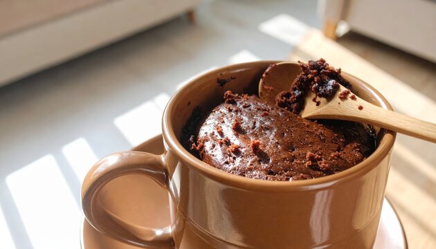 Decadent chocolate mug cake with spoon, ready to be enjoyed in a warm kitchen setting.
