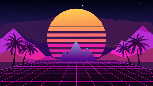 A surreal landscape with a large moon rising over palm trees