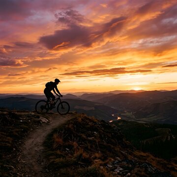 Mountain Biker Riding Trail During Dramatic Sunset Landscape