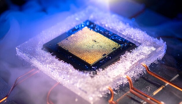  Close-up of an advanced AI semiconductor microchip wafer on an electronic motherboard under sub-zero cooling smoke, representing quantum computing processing hardware.
