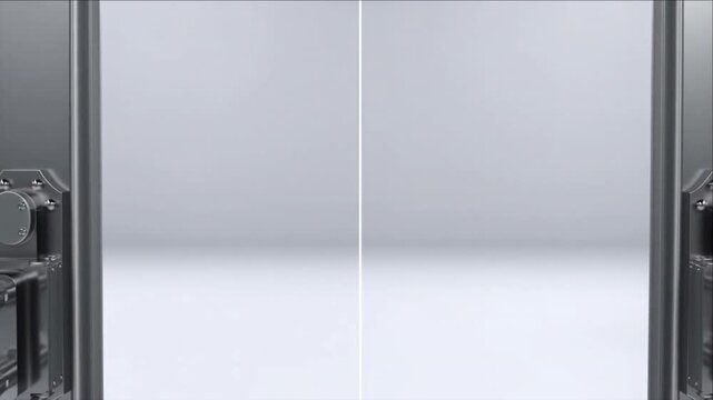 タングステンとカーボン製の強固なセキュリティ扉が中央から白い空間へ切り替わるトランジション素材