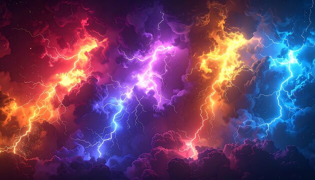 Vibrant multicolored lightning storm background.