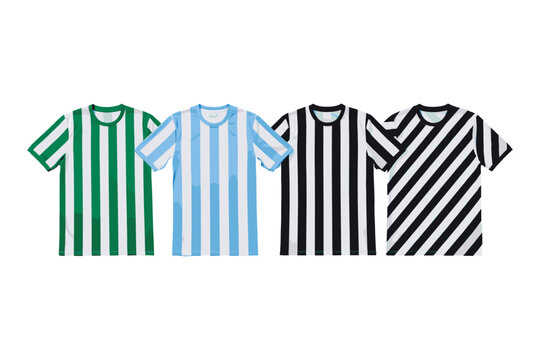 Striped soccer jersey vector illustration set featuring vertical and diagonal pattern sports t shirts isolated on white background