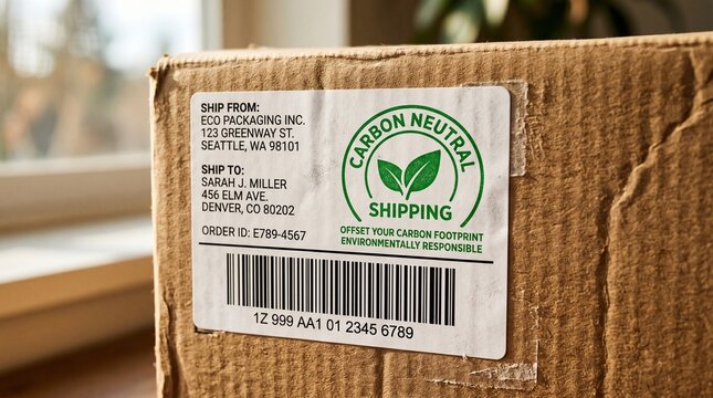 Macro shot of shipping label with carbon neutral stamp logo on recycled cardboard box.