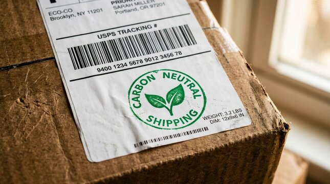 Macro shot of shipping label with carbon neutral stamp logo on recycled cardboard box.