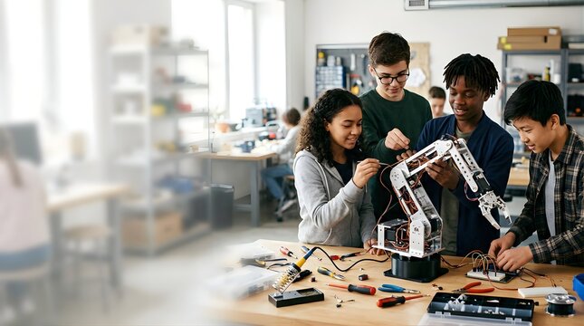 Diverse students building a robotic arm in a high school STEM workshop
