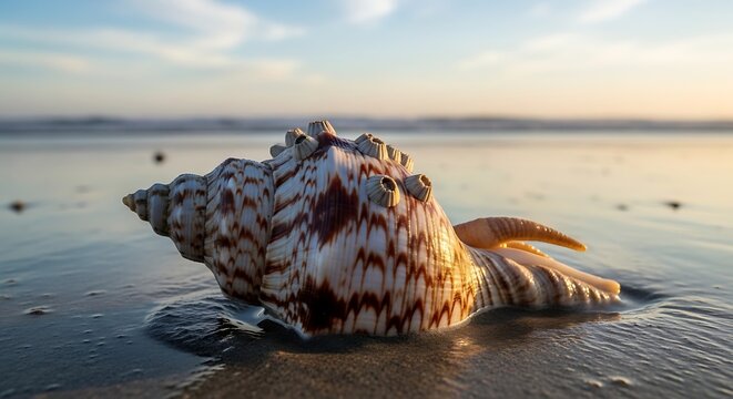 Large spiral seashell on a sandy beach at golden hour