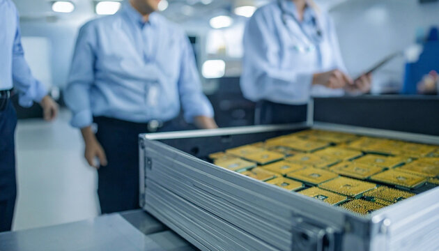 law enforcement officers examining illegal semiconductor microchips inside a seized silver aluminum attache briefcase, representing contraband seizure and technology supply chain interception.