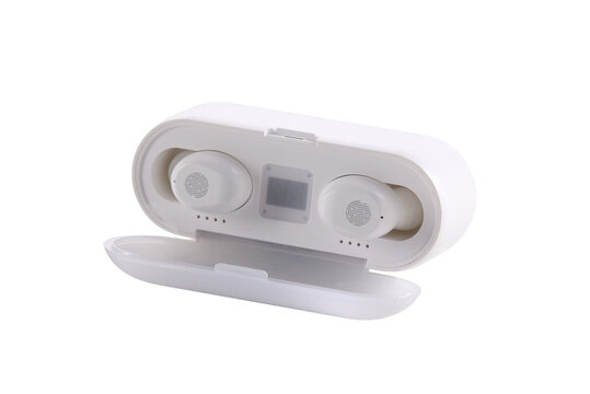 Minimalist white earbuds rest in sleek charging case