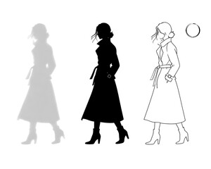 Fototapeta premium Minimalist digital fashion illustration showing three variations of a stylish woman in a coat