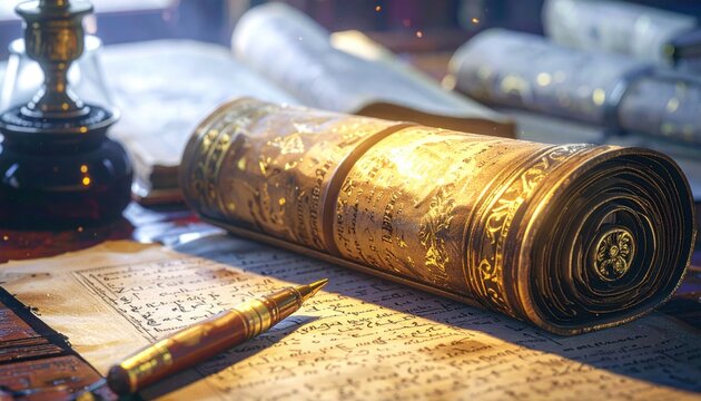 An ancient parchment manuscript with ornate gold leaf illumination and Latin text rests beside a quill pen.