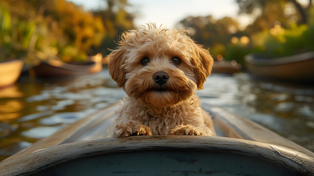 Cute small poodle puppy sitting looking forward inside a boat floating on lake