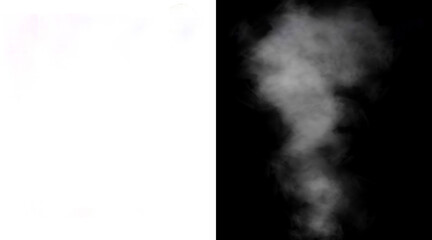 White steam cloud isolated on black background, rising hot smoke vapor effect, ethereal mist and swirling fog texture for food and beverage overlays © MstNadira
