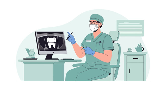 Dentist analyzing dental xray on computer screen in clinic