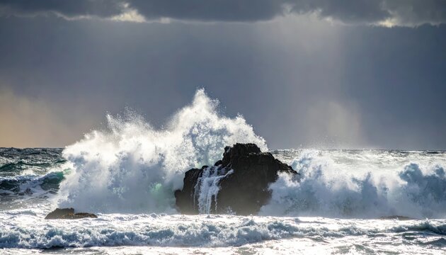 Powerful ocean wave powerfully crashes over a submerged dark rock, sending sea foam exploding outwards in a dynamic display of nature's force