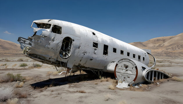 An abandoned airplane lies in a desolate area, with its damaged fuselage and wings visible. The surface around the aircraft is dry and cracked, suggesting neglect and time.