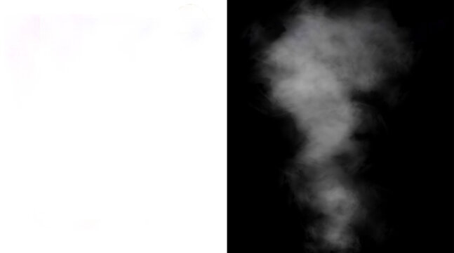 White steam cloud isolated on black background, rising hot smoke vapor effect, ethereal mist and swirling fog texture for food and beverage overlays