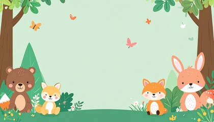 Naklejka premium Whimsical forest animals in a serene setting.