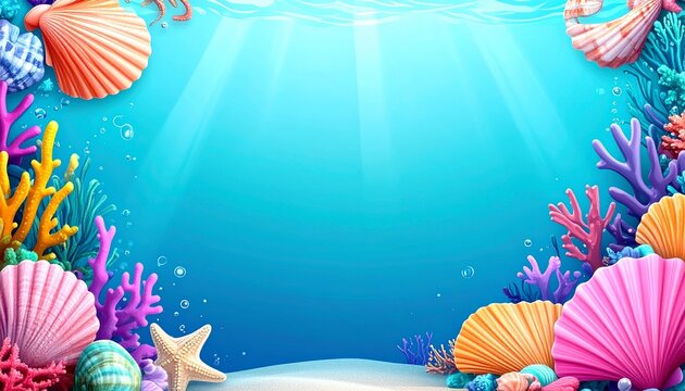 Vibrant underwater scene with colorful coral and sea shells.