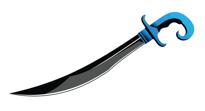 Sharp curved scimitar sword with a vibrant blue handle isolated against a clean white background