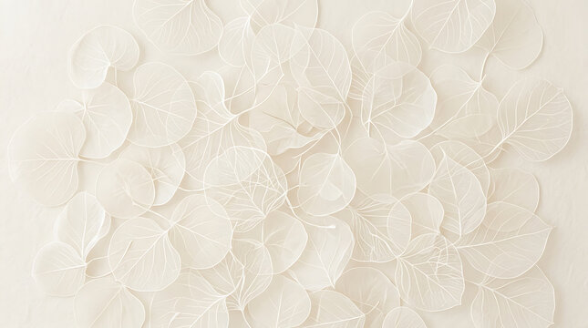 Delicate translucent skeleton leaves scattered on pale background leaf