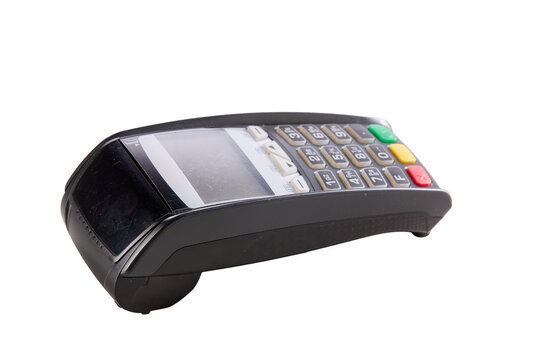Black payment terminal rests on plain white surface