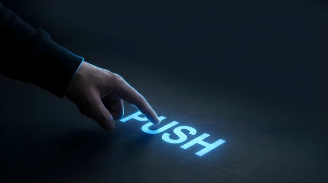 Finger pressing an illuminated glowing push button on a dark digital interface for business action concept